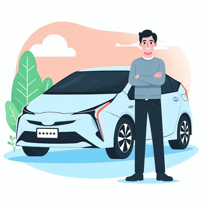 Illustration of a happy hybrid car owner standing next to their car