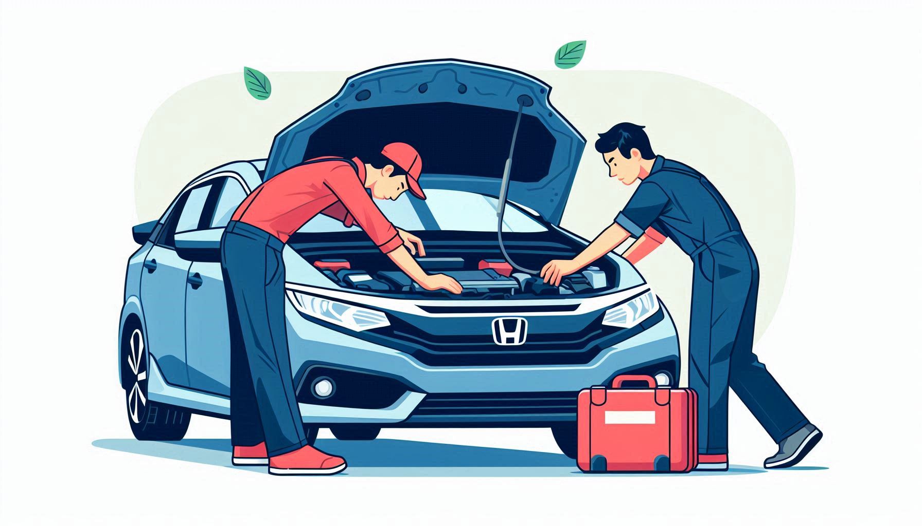 flat-illustration style image of two men working under the hood of their Honda Civic hybrid