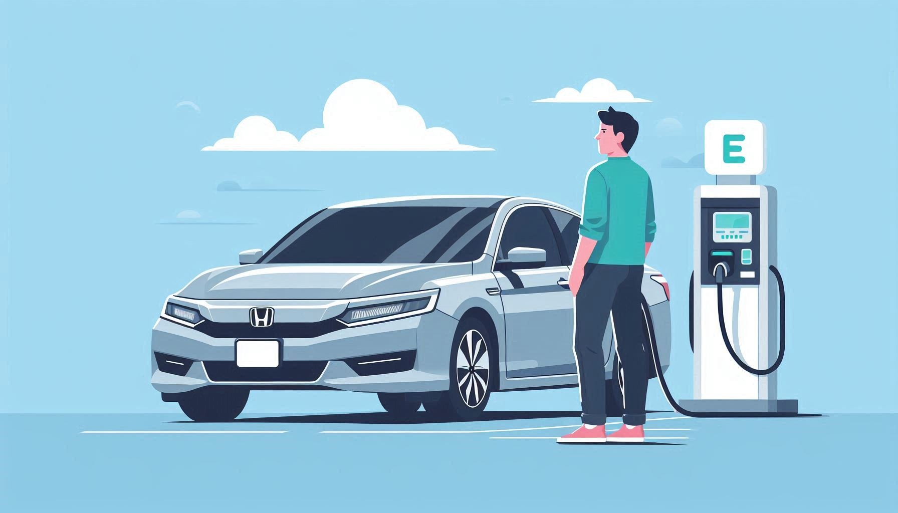 flat-illustration style image of a person standing next to their Honda Accord hybrid car at a charging station