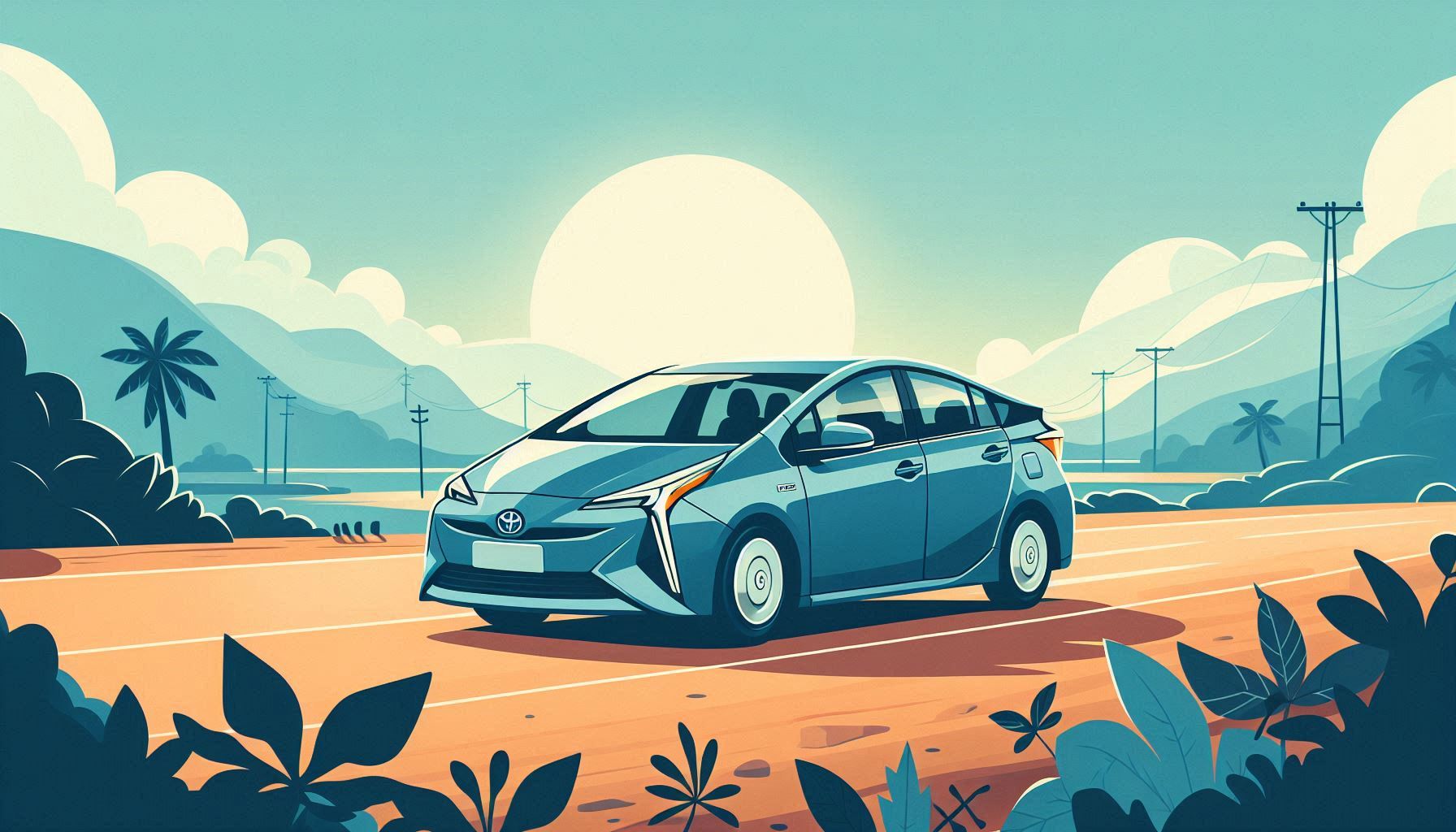 flat illustration-style image of a Toyota Prius on a drive along the coast.