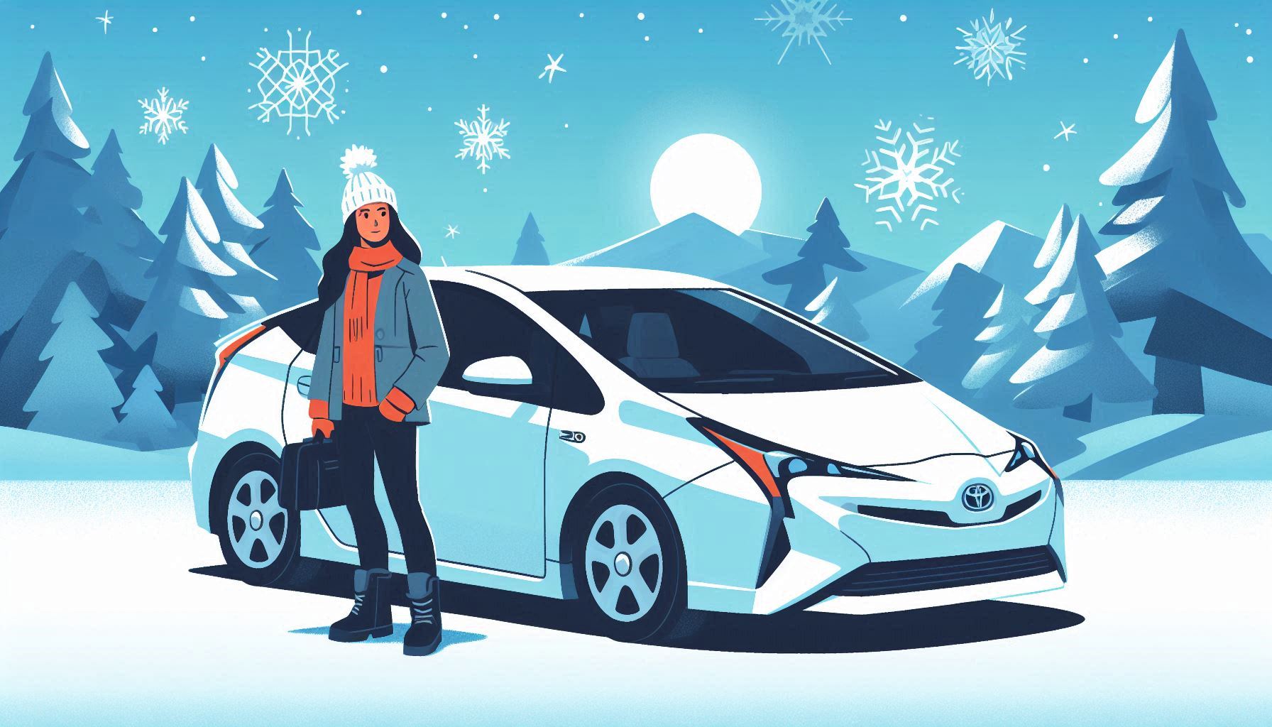 flat-illustration style image of a woman standing next to her Toyota Prius hybrid car in winter weather