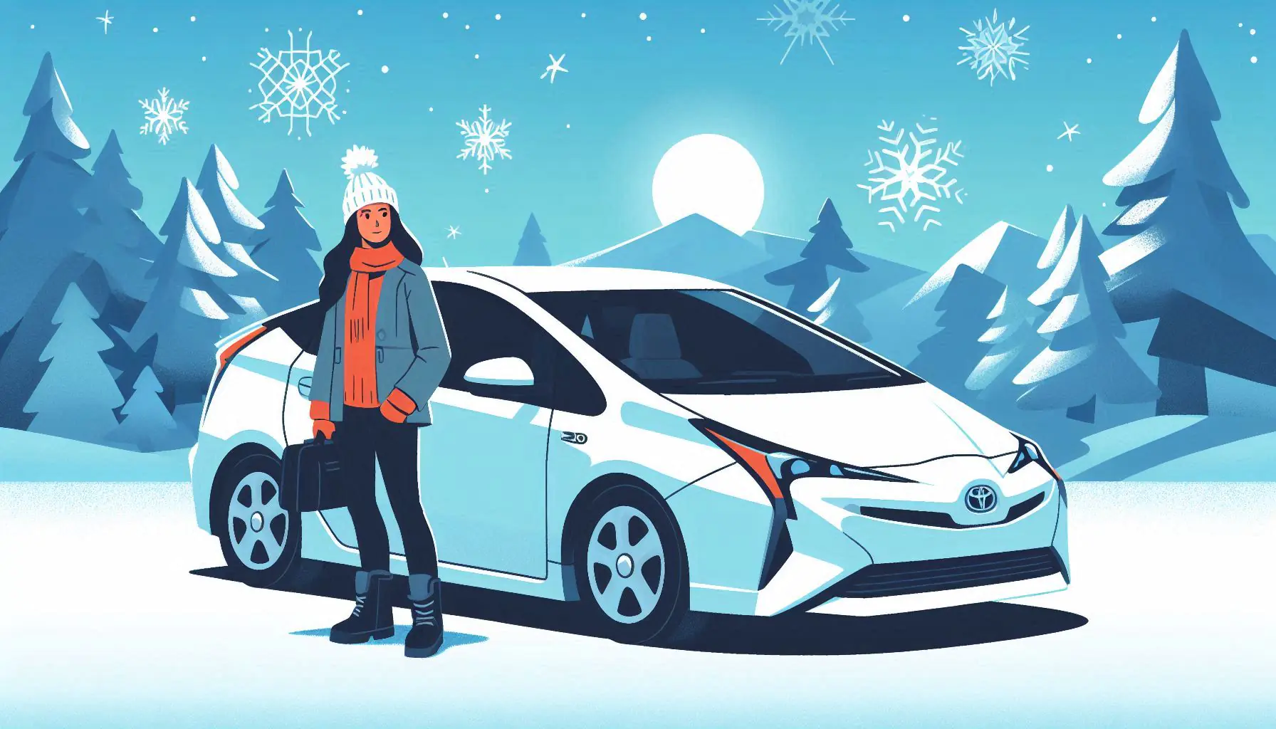 flat-illustration style image of a woman standing next to her Toyota Prius hybrid car in winter weather
