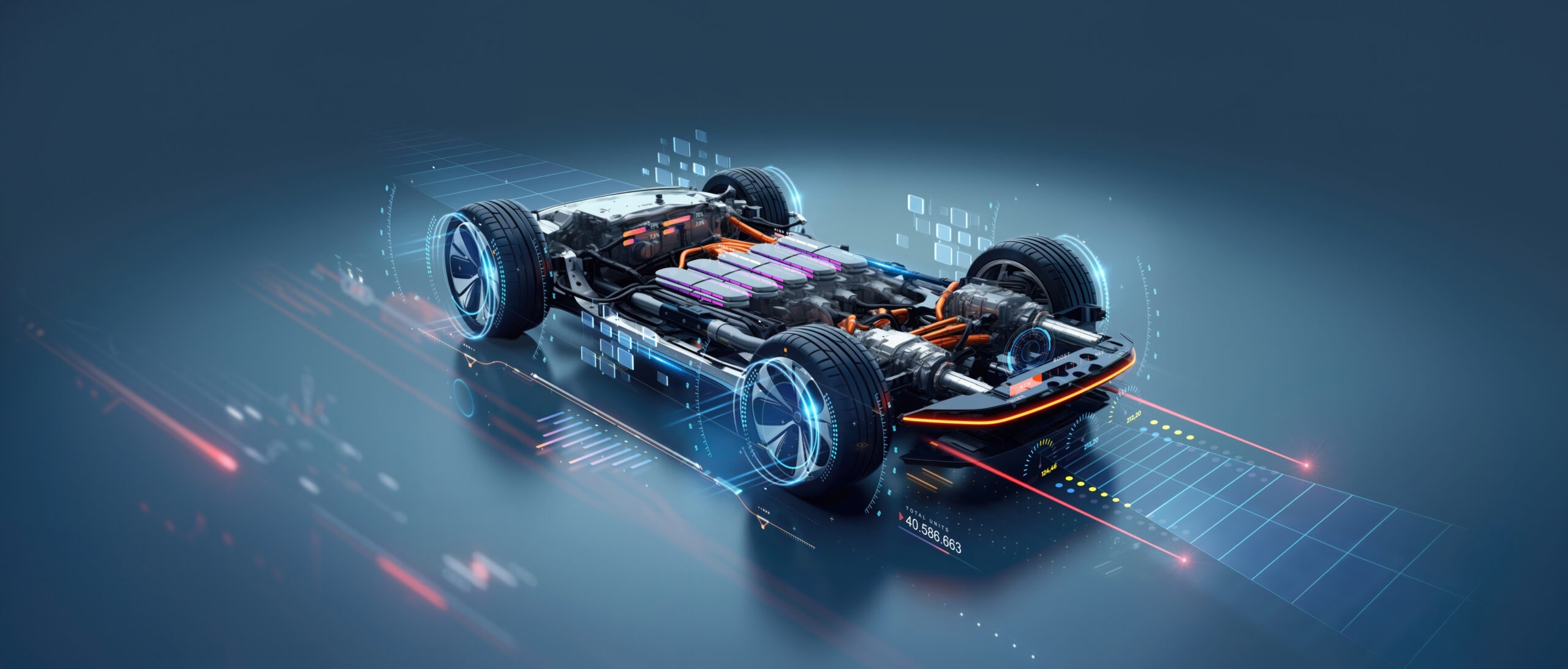 futuristic electric sport fast car chassis and battery packs with high performance or future EV fatory production and prototype showcase concepts as wide banner with copy space area